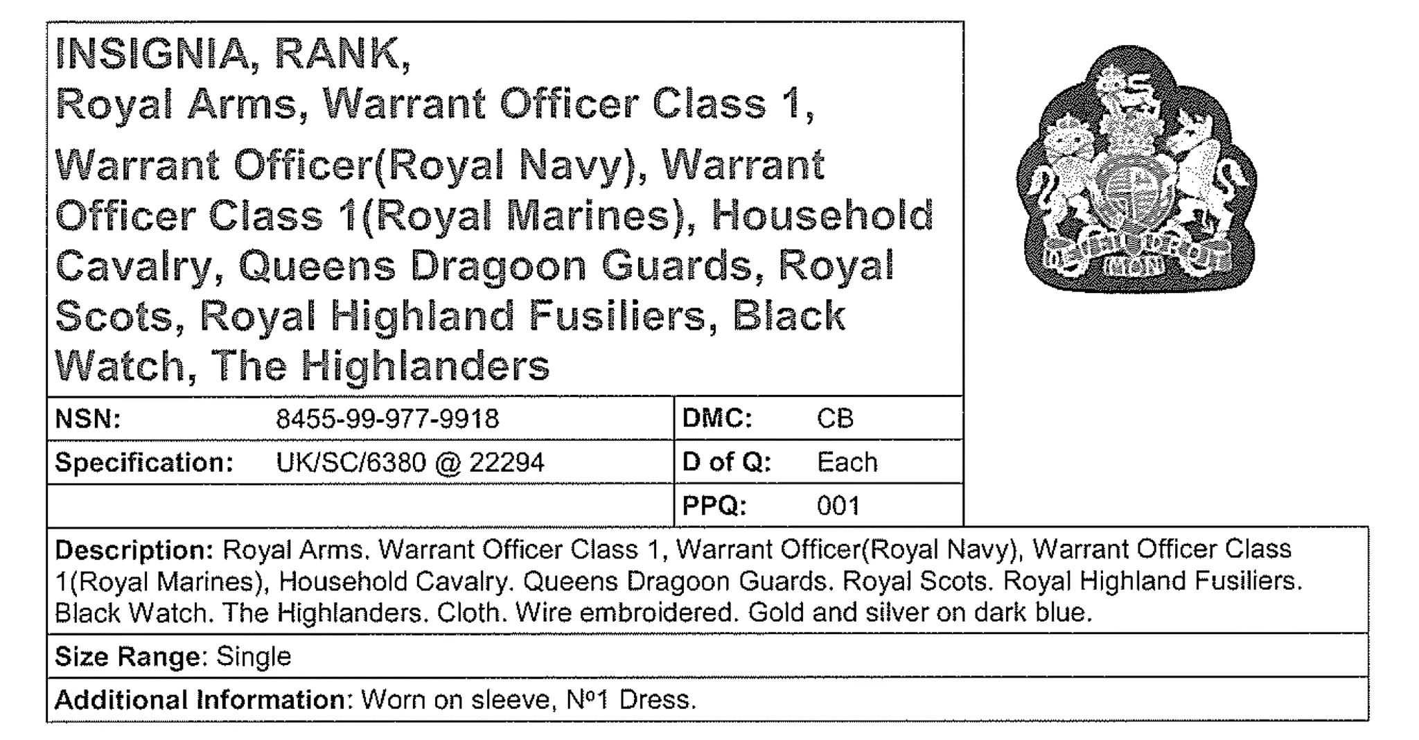 British Military Coat of Arms Insignia Patch - Gold and Silver on Black - Image 2
