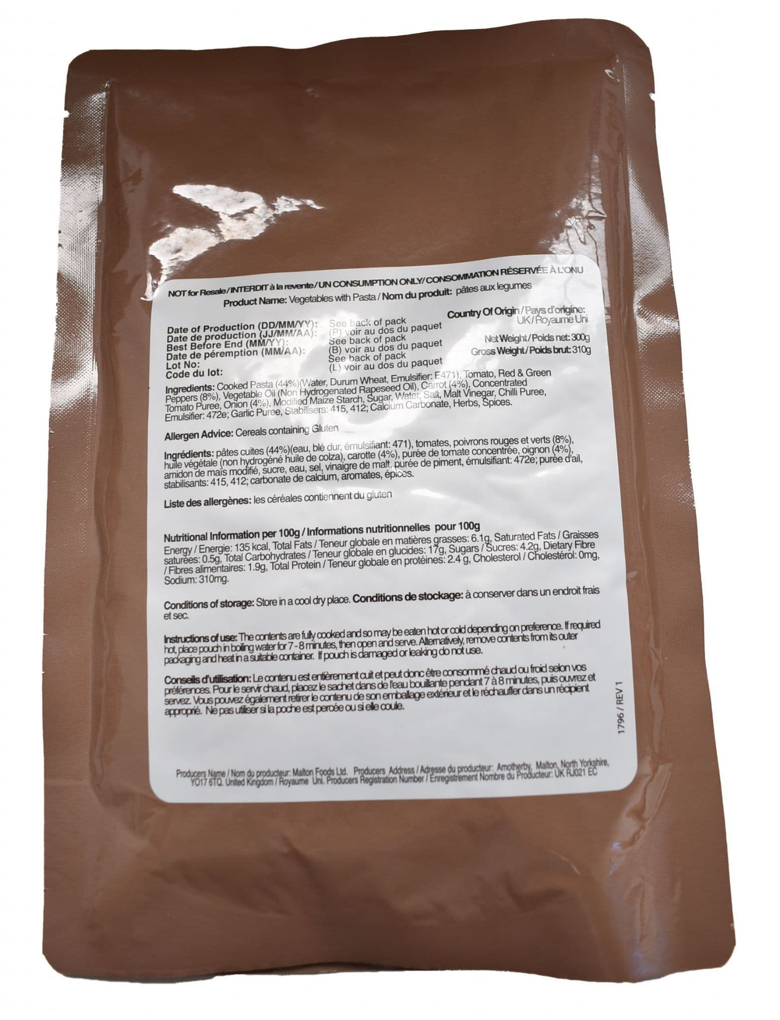 British Military Ration Main Meal Pouch - Vegetarian Pasta In Tomato Sauce 300g