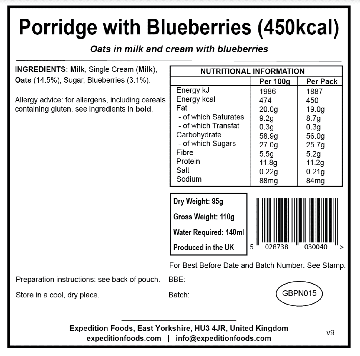 Expedition Foods Freeze Dried Meal Pouch - Breakfast Porridge With Blueberries - Various Sizes - Image 6