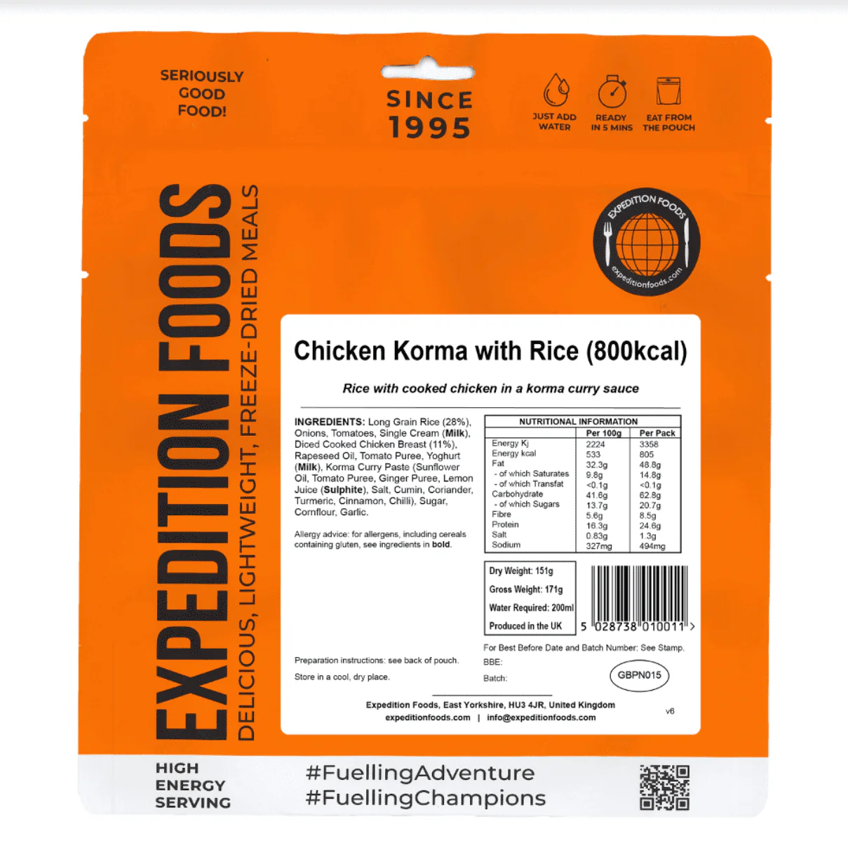 Expedition Foods Freeze Dried Meal Pouch - Chicken Korma With Rice - Various Sizes - Image 2