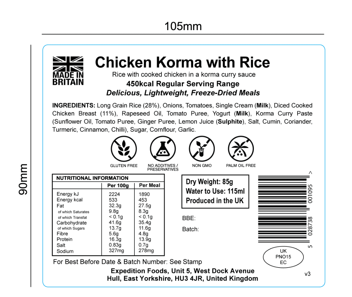 Expedition Foods Freeze Dried Meal Pouch - Chicken Korma With Rice - Various Sizes - Image 6