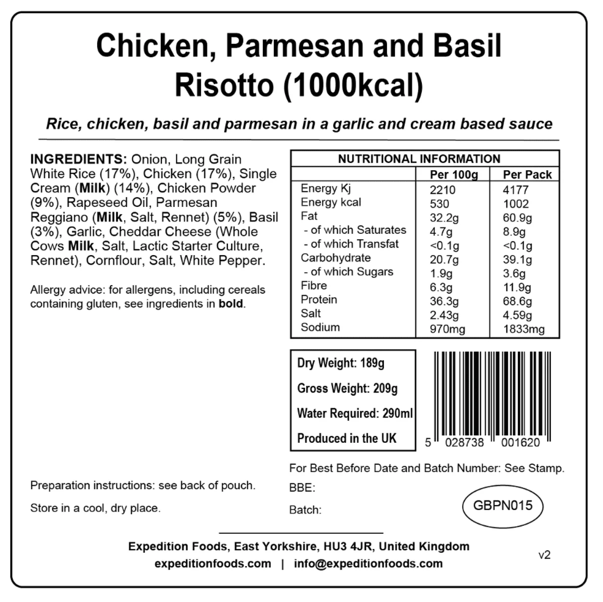 Expedition Foods Freeze Dried Meal Pouch - Chicken, Parmesan & Basil Risotto - Various Sizes - Image 4