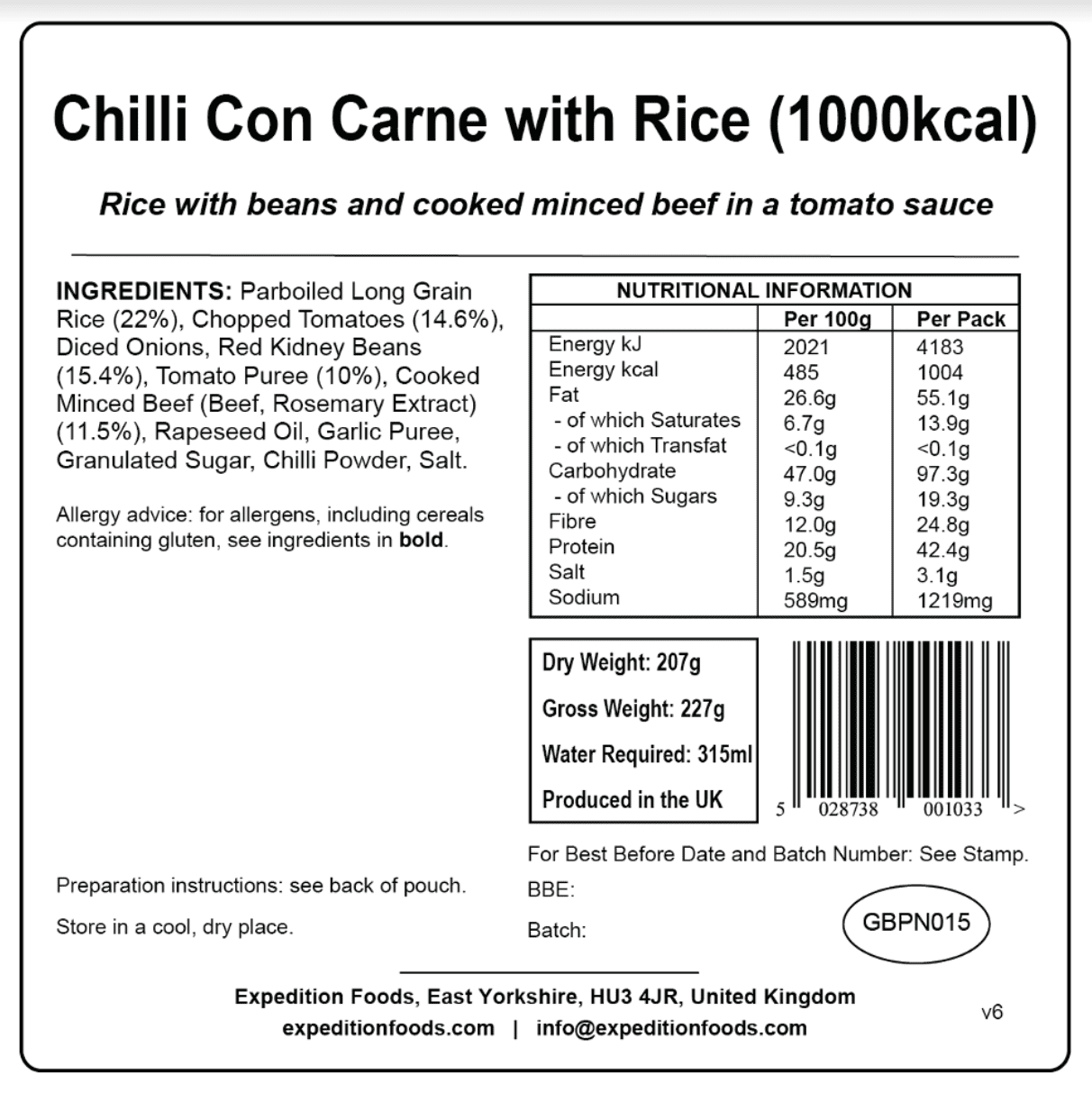 Expedition Foods Freeze Dried Meal Pouch - Chilli Con Carne With Rice - Various Sizes - Image 4