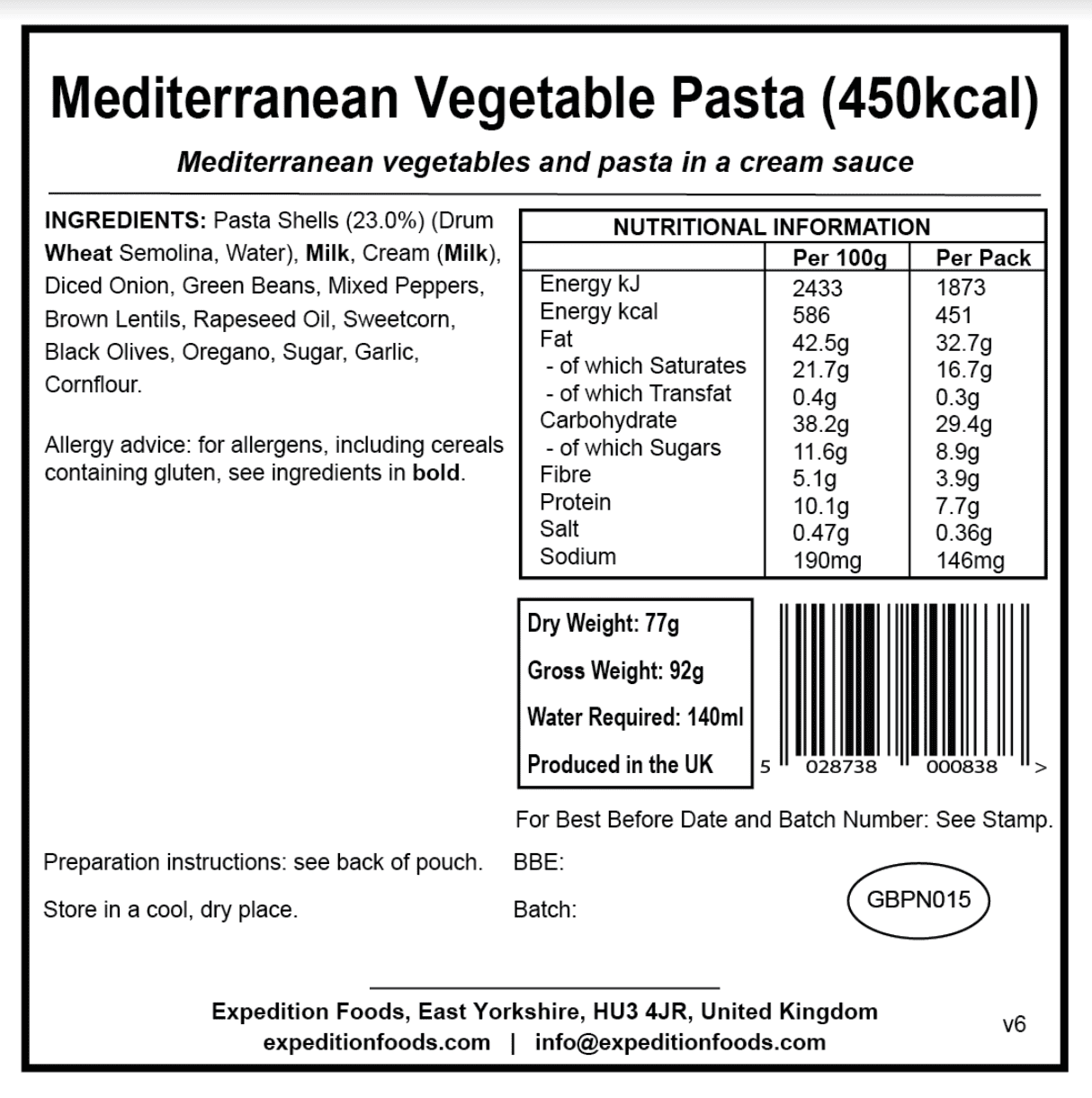 Expedition Foods Freeze Dried Meal Pouch - Mediterranean Vegetable Pasta - Various Sizes - Image 6