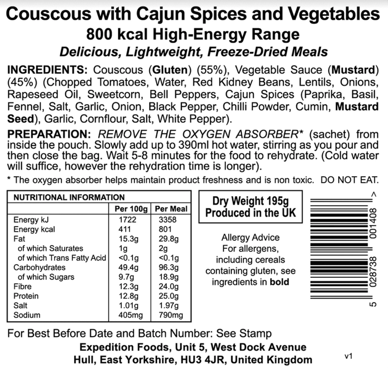 Expedition Foods Freeze Dried Meal Pouch - Vegan Couscous With Cajun Spices & Veg - Various Sizes - Image 5