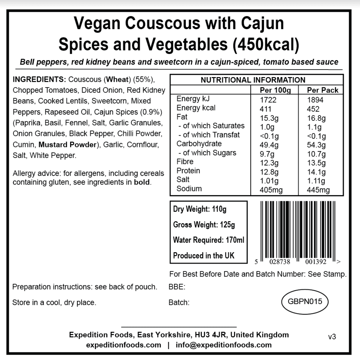 Expedition Foods Freeze Dried Meal Pouch - Vegan Couscous With Cajun Spices & Veg - Various Sizes - Image 6