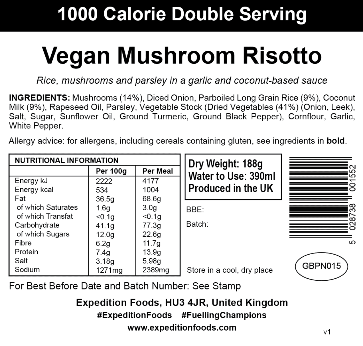 Expedition Foods Freeze Dried Meal Pouch - Vegan Mushroom Risotto - Various Sizes - Image 4