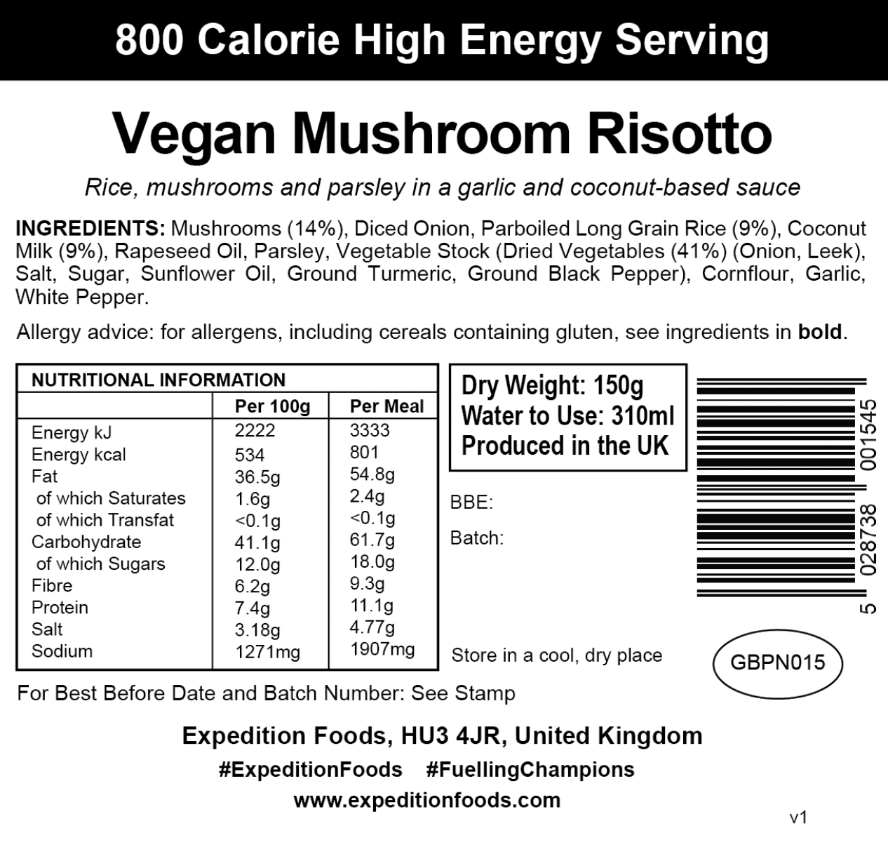 Expedition Foods Freeze Dried Meal Pouch - Vegan Mushroom Risotto - Various Sizes - Image 5