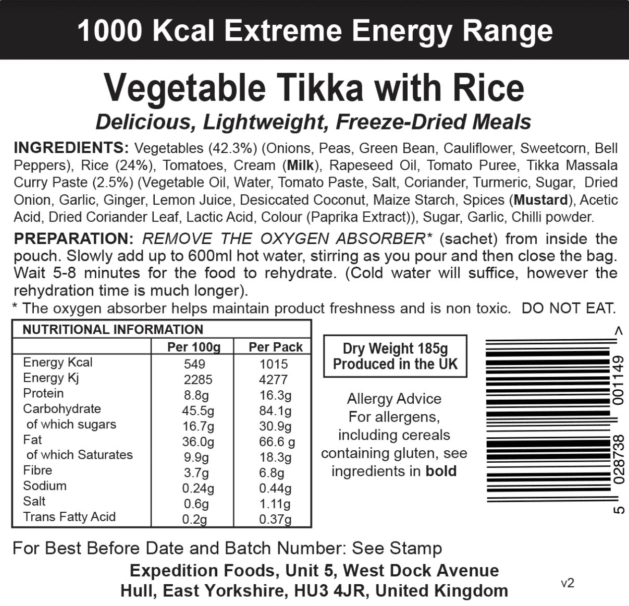 Expedition Foods Freeze Dried Meal Pouch - Vegetable Tikka With Rice - Various Sizes - Image 4