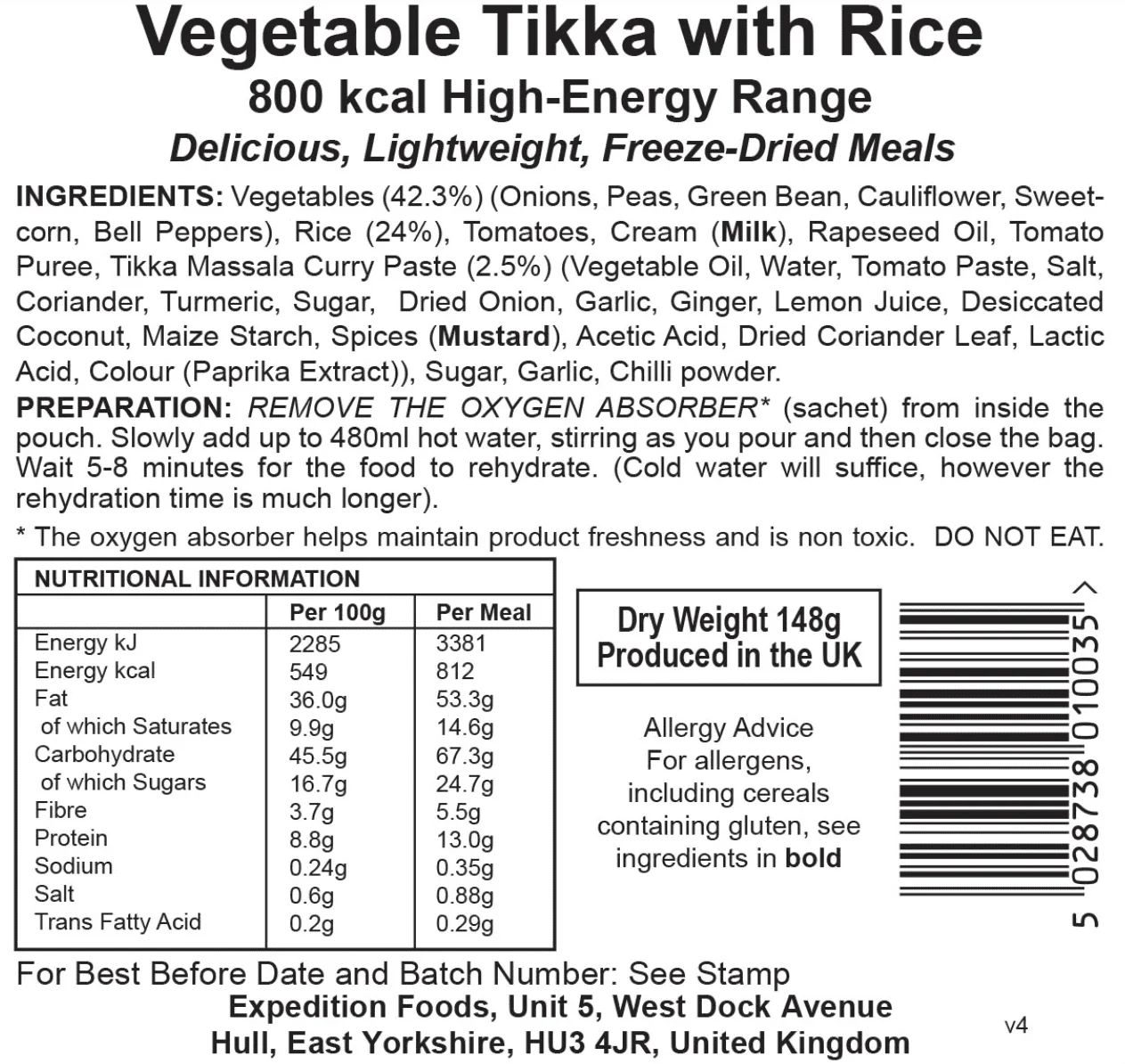 Expedition Foods Freeze Dried Meal Pouch - Vegetable Tikka With Rice - Various Sizes - Image 5